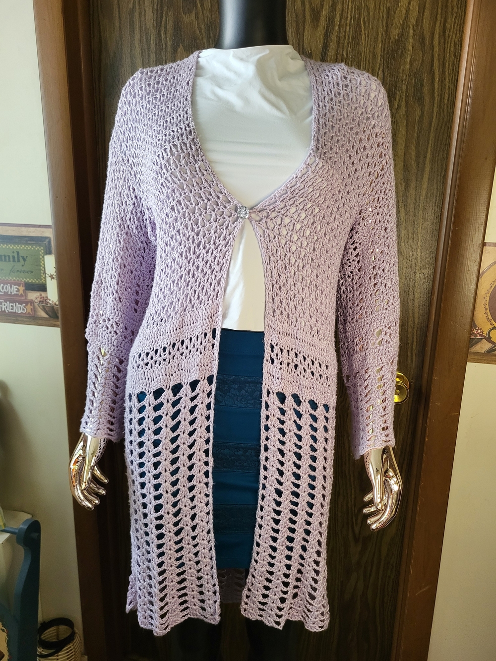 Lavander Crochet Open-Knit Solid V-Neck Button Front Cardigan Sweater | M